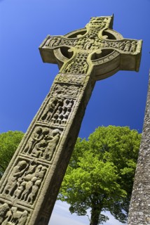 IRELAND, County Louth, Monasterboice Monastic Site, the West Cross slanted angular view of the east