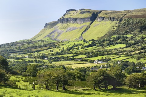IRELAND, County Sligo, Kings Mountain, Farmland and houses on lower slopes of the mountain.