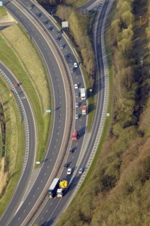 Scotland, Stirling, Aerial of dual carriageway road with feeding exit and entrance lanes.