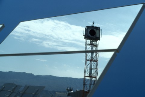 Environment, Energy, Solar Power, Reflection in a large tilting mirror used to direct the sunlight
