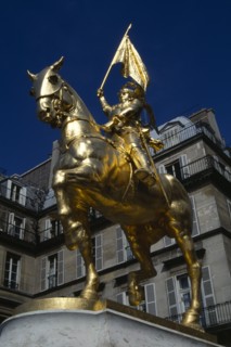 France, Ile de France, Paris, Gilded golden bronze statue of Joan of Arc on horseback in armour