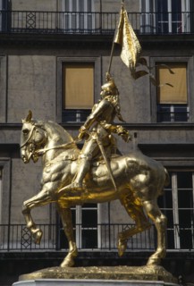 France, Ile de France, Paris, Gilded golden bronze statue of Joan of Arc on horseback in armour