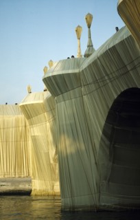 France, Ile de France, Paris, The Pont Neuf bridge across River Seine wrapped by the artist Christo
