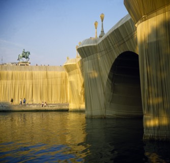 France, Ile de France, Paris, The Pont Neuf bridge across River Seine wrapped by the artist Christo