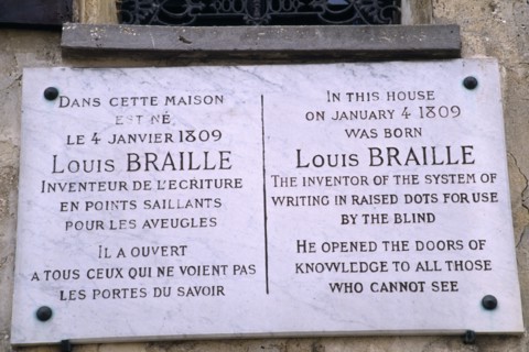 France, Ile de France, Coupvray, Marble commemorative plaque on the house where Louis Braille lived