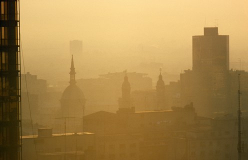 Environment, Air, Pollution, City skyline with heavy smog in  Santiago, Chile.