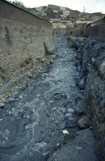 Bolivia, Potosi, Polluted river with industrial waste from Silver Mines.