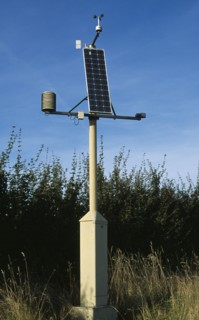 Environment, Solar, Powered weather monitoring station at roadside.