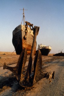 Kazakhstan, Aral Sea, Rusting grounded ships on the former sea bed.
