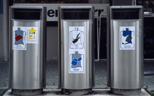 Germany, Bayern, Lindau, Three waste bins for separate items to be recycled.