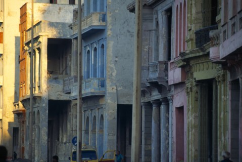CUBA, Havana, Crumbling exterior facades of buildings along the Malecon.