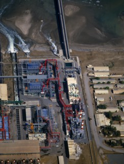 Oman, Aerial view over desalination plant.