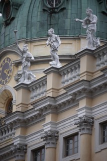 Germany, Berlin, Charlottenburg Palace, Statues & clock face on dome.
