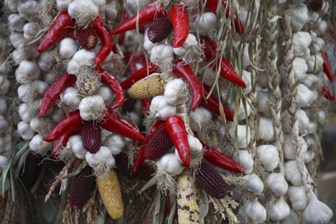 Poland, Krakow, strings of garlic, pepper & maize.