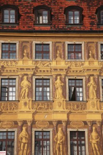 Poland, Wroclaw, detail of building facade with tromp l'oiel painted mural in the Rynek old town
