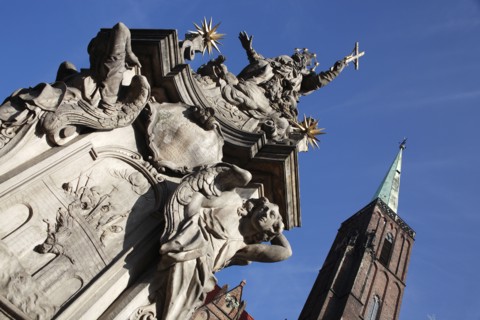 Poland, Wroclaw, baroque statue of St Jan Nepomucen St John Nepomuk made in sandstone by Johann