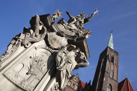 Poland, Wroclaw, baroque statue of St Jan Nepomucen St John Nepomuk made in sandstone by Johann
