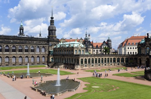 GERMANY, Saxony, Dresden, The central Courtyard of the restored Baroque Zwinger Palace gardens busy