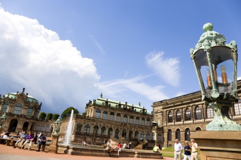 GERMANY, Saxony, Dresden, The central Courtyard of the restored Baroque Zwinger Palace gardens busy
