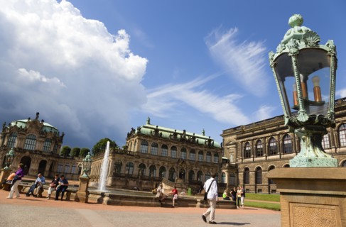 GERMANY, Saxony, Dresden, The central Courtyard of the restored Baroque Zwinger Palace gardens busy