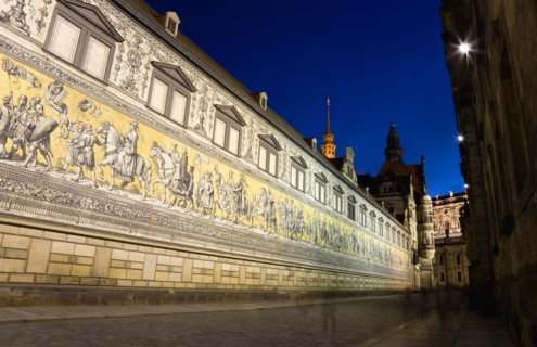 GERMANY, Saxony, Dresden, Fürstenzug or Procession of the Dukes illuminated at sunset in