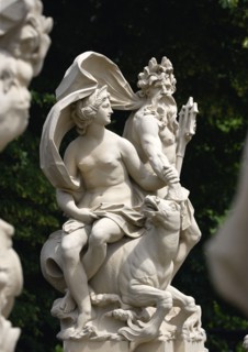 GERMANY, Saxony, Dresden, Statue of a naked women seated on a seahorse beside a bearded man