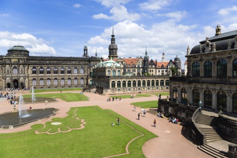 GERMANY, Saxony, Dresden, The central Courtyard of the restored Baroque Zwinger Palace gardens busy