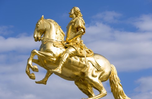 GERMANY, Saxony, Dresden, The 1734 gilded statue by Ludwig Wiedemann known as Goldener Reiter or