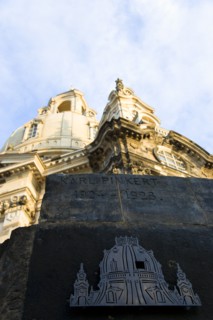 GERMANY, Saxony, Dresden, Detail in evening light of the Baroque Frauenkirche Church of Our Lady