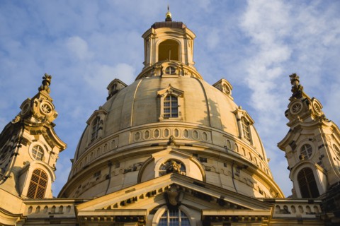 GERMANY, Saxony, Dresden, Detail in evening light of the Baroque Frauenkirche Church of Our Lady in