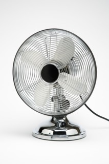Weather, Environment, Control, Stainless Steel Retro desk or table electric cooling fan on a white