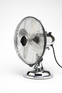 Weather, Environment, Control, Stainless Steel Retro desk or table electric cooling fan on a white