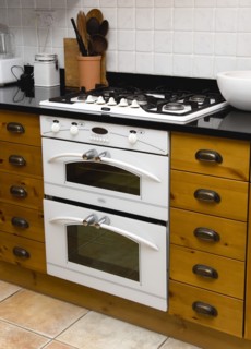 Architecture, Interiors, Kitchen, White domestic gas hob and electric oven household appliance set