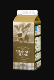 Drink, Milk, Pasteurised, Full Cream dairy milk Carton Produced in England from the Channel Islands