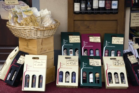 ITALY, Tuscany, Montalcino, Val D'Orcia Brunello di Montalcino Enoteca or wine shop with dispaly of
