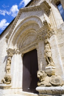 ITALY, Tuscany, San Quirico D'Orcia, The columns of the portale di mezzogiorno or southern door of