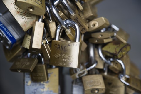 ITALY, Tuscany, Florence, Bunches of locked padlocks used by stallholders in the Vasari Corridor
