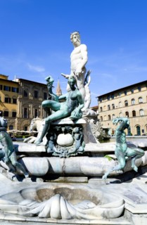 ITALY, Tuscany, Florence, The 1575 Mannerist Neptune fountain with the Roman sea God surrounded by