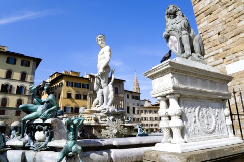 ITALY, Tuscany, Florence, The 1575 Mannerist Neptune fountain with the Roman sea God surrounded by