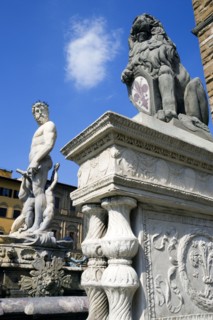 ITALY, Tuscany, Florence, The 1575 Mannerist Neptune fountain with the Roman sea God surrounded by