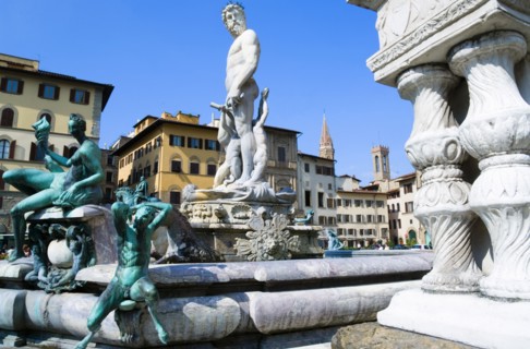 ITALY, Tuscany, Florence, The 1575 Mannerist Neptune fountain with the Roman sea God surrounded by