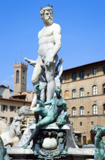 ITALY, Tuscany, Florence, The 1575 Mannerist Neptune fountain with the Roman sea God surrounded by