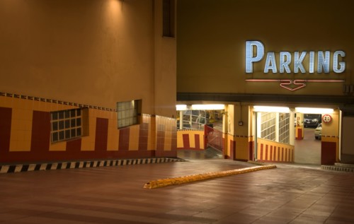 ITALY, Tuscany, Florence, Art Deco entrance ramp to underground car park parking spaces.