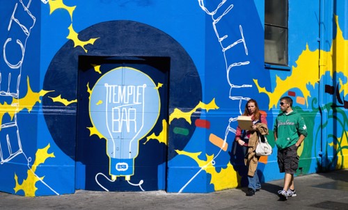 IRELAND, County Dublin, Dublin City, Temple Bar, Colourful artwork on a wall with two people