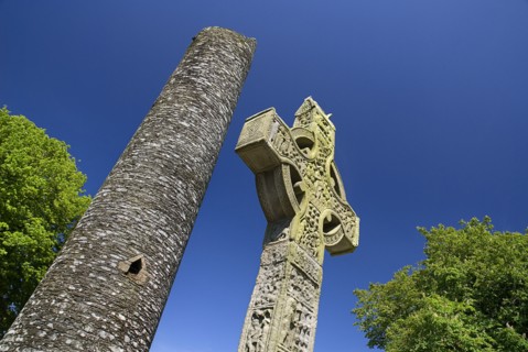 IRELAND, County Louth, Monasterboice Monastic Site, the West Cross slanted angular view of the east