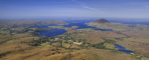 IRELAND, County Galway, Connemara, Diamond Hill,  Ballynakill Harbour as seen from the slopes of