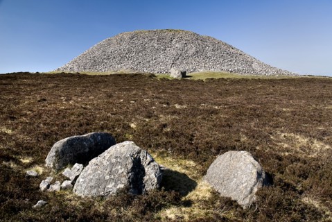 IRELAND, County Sligo, Knocknarea Mountain, Queens Maeves Cairn on summit of the mountain.