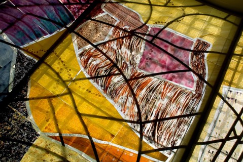 IRELAND, County Kerry, Dingle Peninsula, The Blasket Centre, Stained glass section representing the