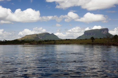 VENEZUELA, Bolivar State, Canaima National Park, River at the foreground, Savanna and Tepui