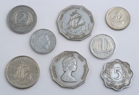 West Indies, St Lucia, Castries, Variety of Eastern Caribbean dollar coins in various cent